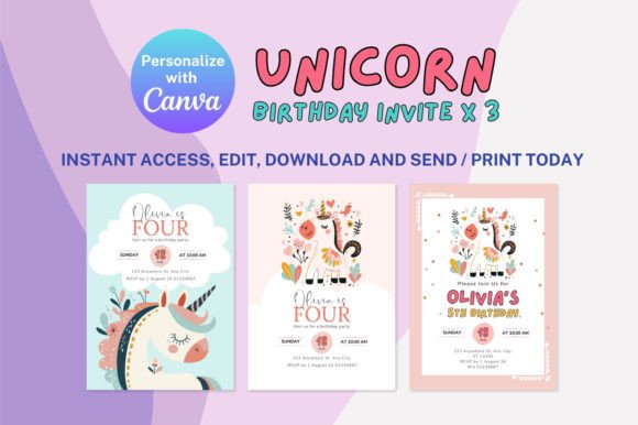 Canva Unicorn Birthday Invitation X 3: Celebrate Magical Ages